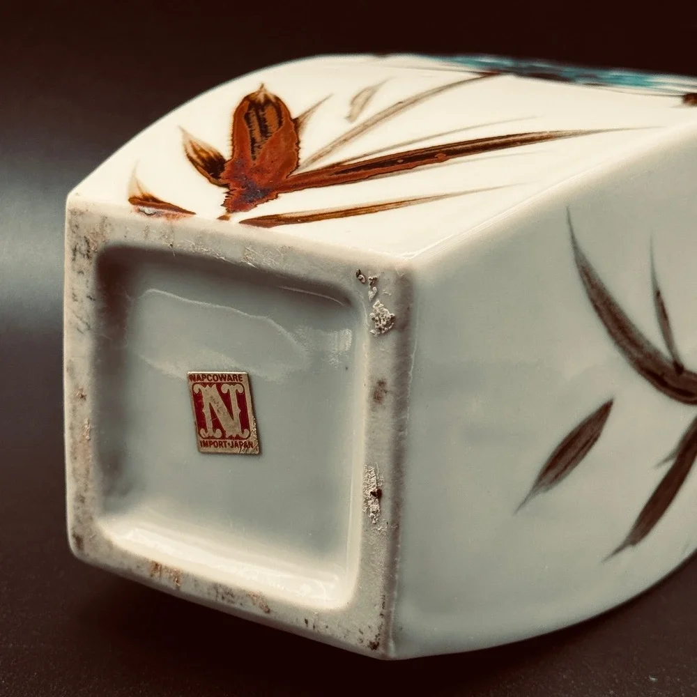 Vintage Napcoware Japan MCM Square Vase Turquoise Brown Floral Ceramic Botanical